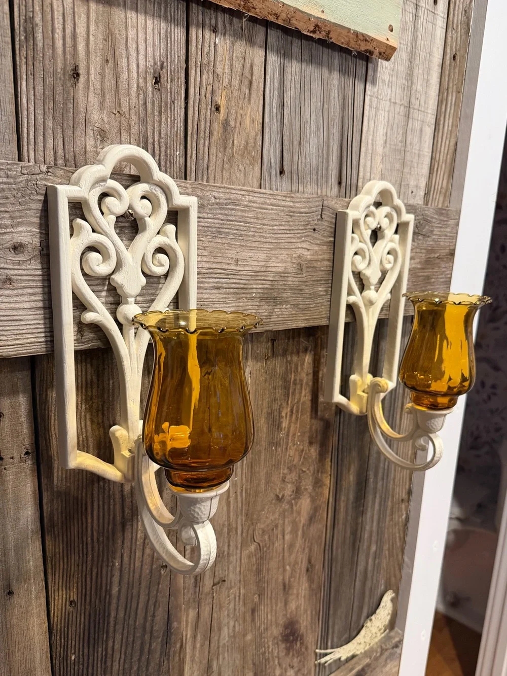 Pair of Vintage BOHO Farmhouse Amber Glass Candle Wall Sconces